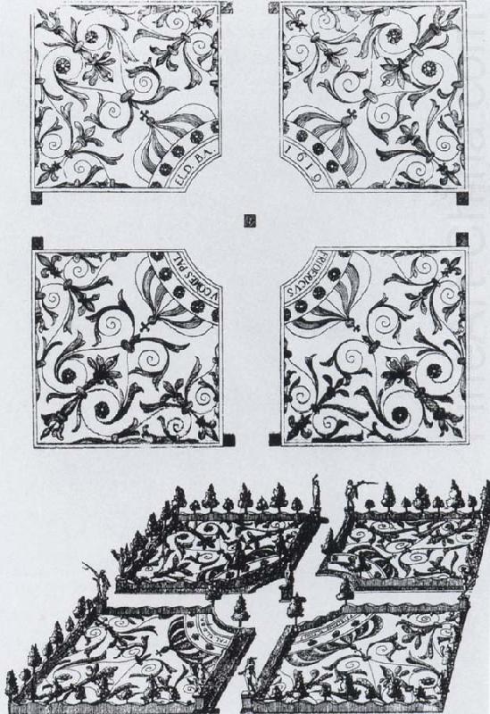 Plan and bird-s-eye view of the parterre de broderie at Heidelberg, Salomon de Caus